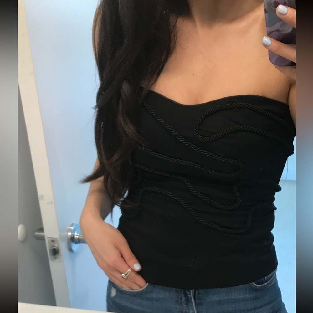 BEBE Black Embroidered Convertible Strapless Top, Size XS